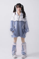 Jirai Kei Long Sleeves Ruffle Color Matching Zipper Coat 3 Colors